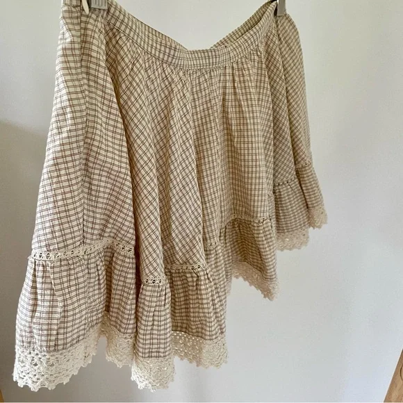 NWT Zara Plaid Gingham Ruffle Lace Frill Mini Skirt in Cream/Brown - S - Picture 8 of 8